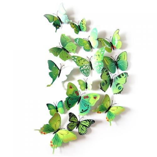 (12 шт) Комплект бабочек 3D  на магните , ЗЕЛЕНЫЕ цветные